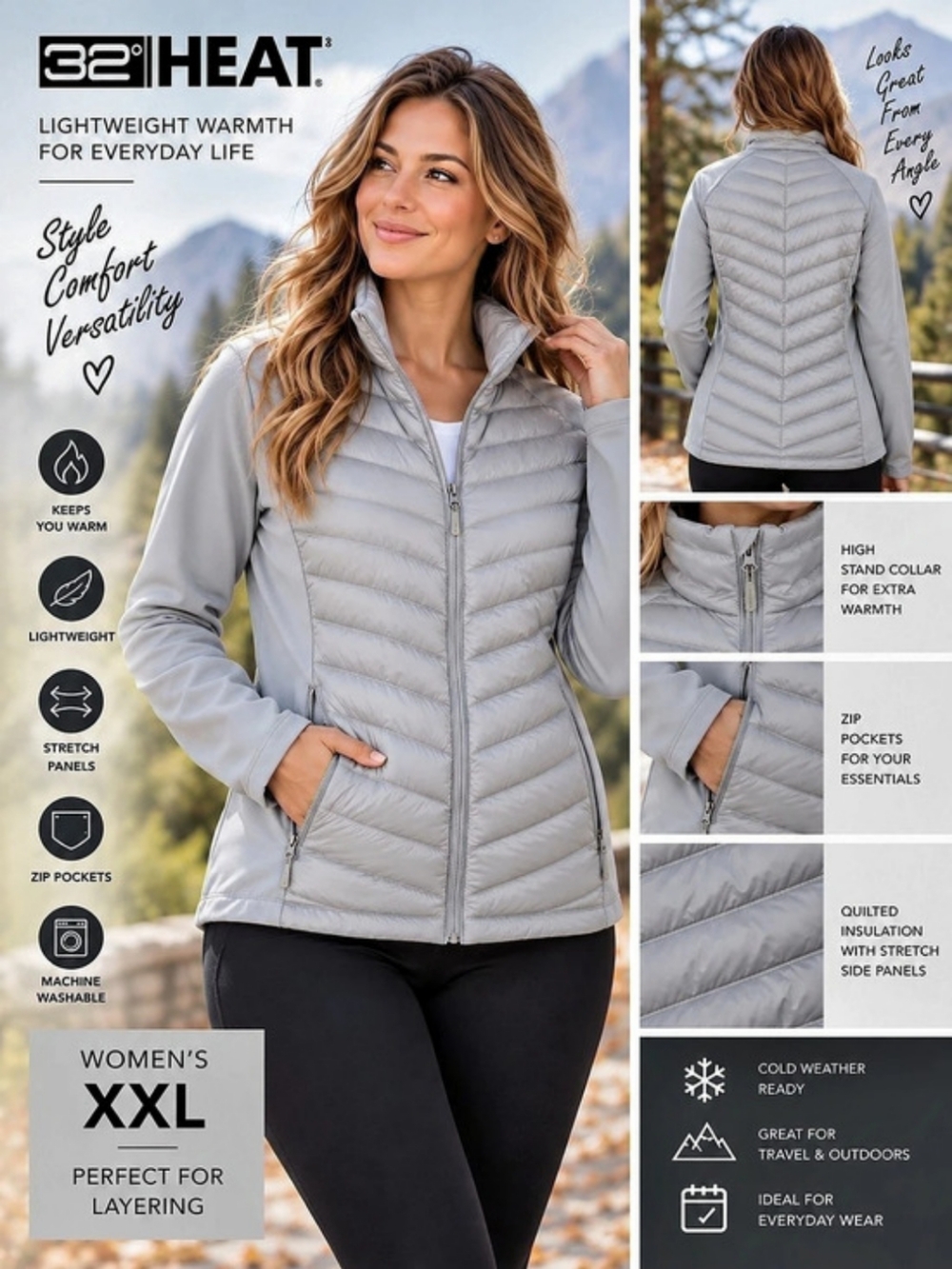 32 Degrees Heat Women’s XXL Hybrid Puffer Jacket Gray Full Zip & Video